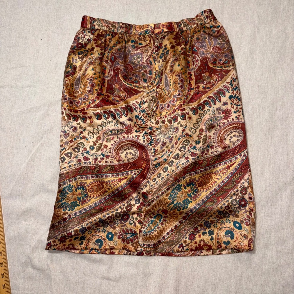 Vintage 100% Silk Paisley Floral Pencil Skirt Gold Red Lined Size 8 High Waist - Picture 5 of 7